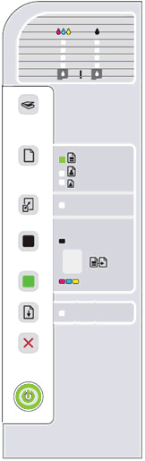 Ilustração do painel de controle, com a luz do botão Liga/Desliga e uma das luzes de seleção do papel acesas