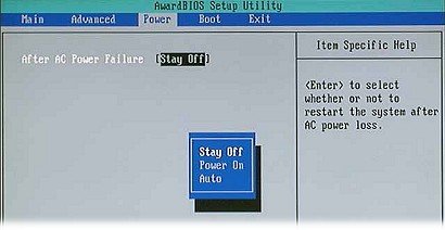 Imagen de las opciones de After AC Power Failure (Después de falla de alimentación de CA) en el BIOS AwardBIOS.