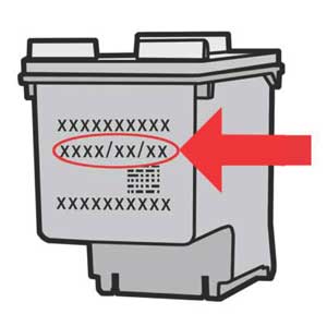 Illustration of the Warranty Ends date on the cartridge itself, the end of the cartridge that faces out of the printer when the cartridge is installed.