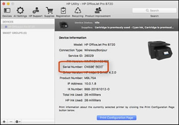 La imagen destaca la información de número de serie de impresora en HP Utility