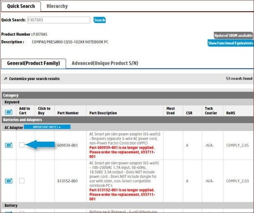 Sitio web de HP PartSurfer mostrando las casillas de verificación para seleccionar artículos y agregarlos al carrito.
