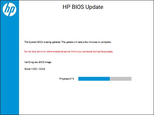 Skærmbillede, der viser status for BIOS-opdateringsinstallationen