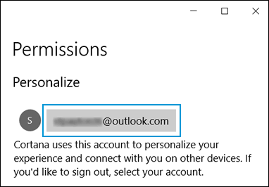 Selecting your account to sign out of Cortana