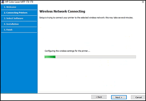 Software configuring wireless settings for the printer