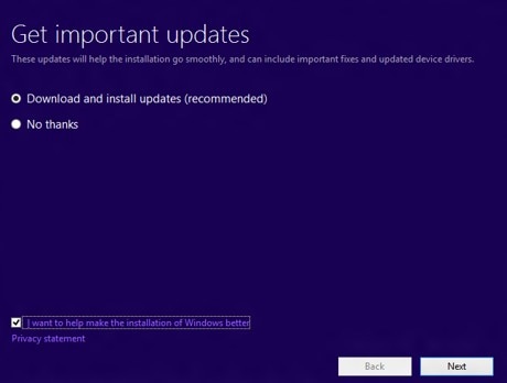 Selecting Download and install updates (recommended) on the Get important updates window