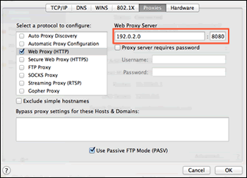 Example of proxy settings in Mac