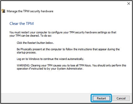 Kliknutí na možnost Restartovat v okně Správa hardwarového zabezpečení modulu TPM