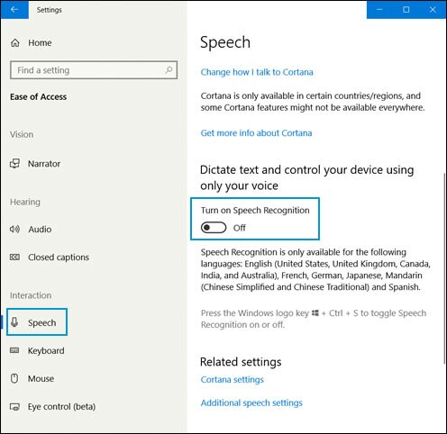 Location of Speech settings in the Ease of Access menu