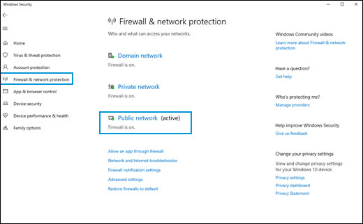 Selecting a network to view firewall settings