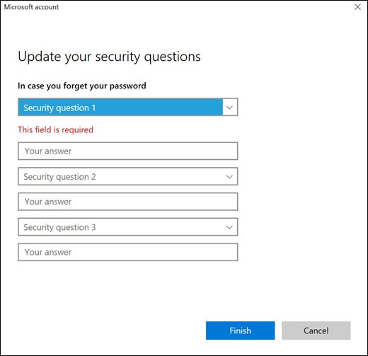 Selecting security questions and typing the answers
