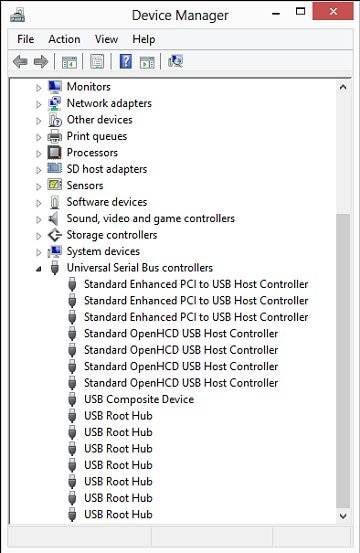 Lista de controladores USB na janela Gerenciador de Dispositivos