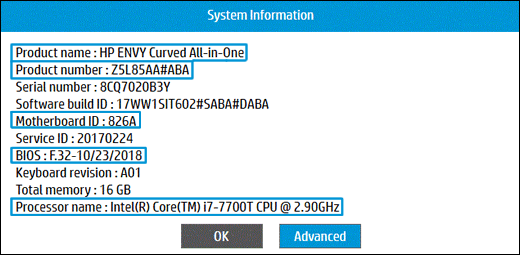 Finestra HP Informazioni di sistema
