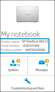 Codice prodotto e numero di serie su un riquadro Il mio notebook nel Centro assistenza HP