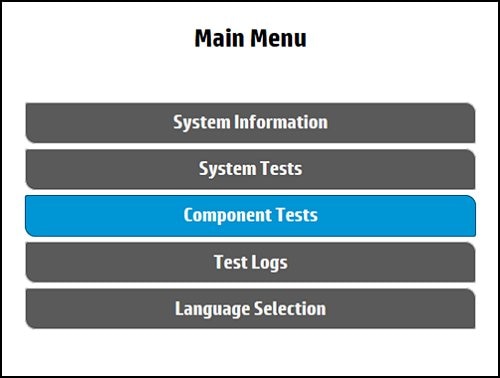 Sélection de l'option Tests des composants dans le menu principal