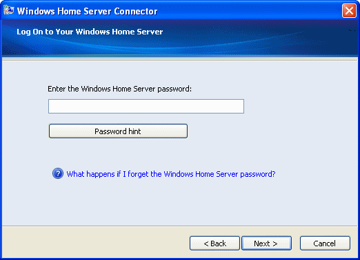 Windows Home server Connector Password