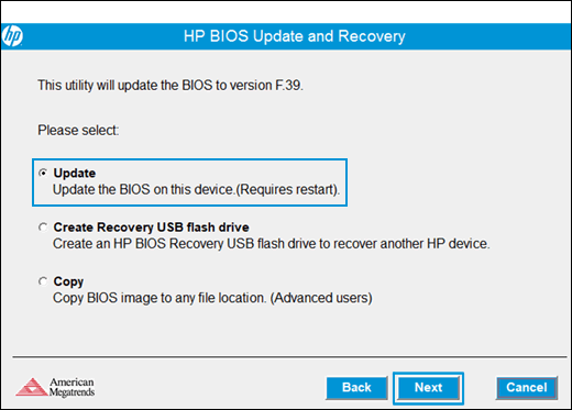 Selecionando Atualização na Atualização e Recuperação do BIOS HP