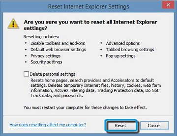 The Reset Internet Explorer Settings window with the reset button highlighted