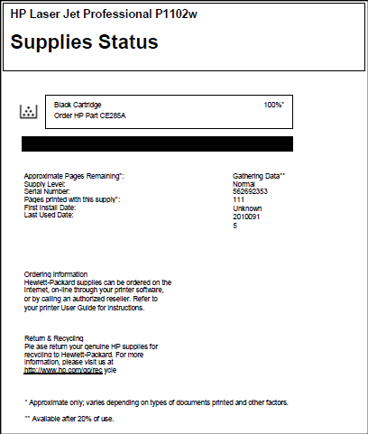 Example shows the Supplies Status page