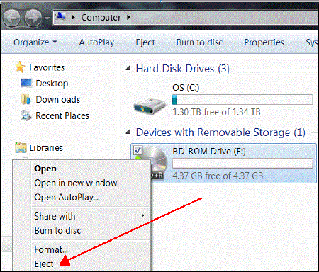 Windows 7'deki diski çıkart