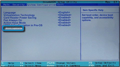 system configuration insydeh20 setup utility hp