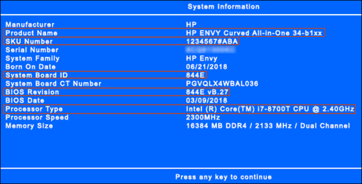 As Informações do sistema contêm o número de produto e a versão do BIOS.