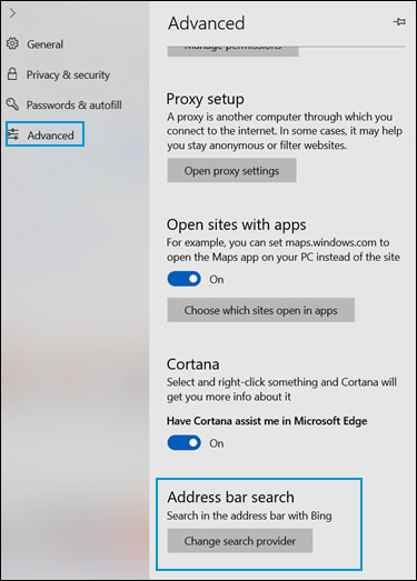 The Advanced window with Address bar search area highlighted