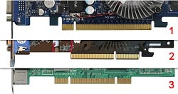 PCI-E x 16 扩展卡、 AGP 卡和 PCI 卡图例