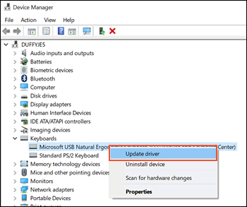 Selecting Update driver in Device Manager