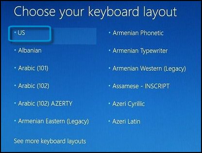 Keyboard layout selection screen