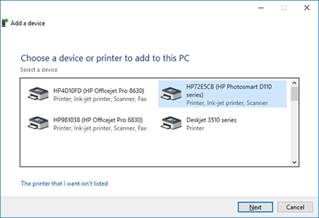 Example of printers found in the Choose a device or printer to this PC window