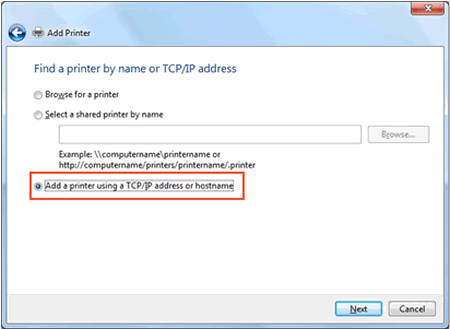 Selección de Agregar una impresora usando la dirección TCP/IP o el nombre de host