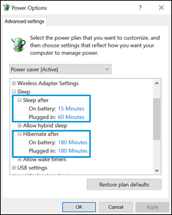 Clicking the Sleep after and Hibernate after settings