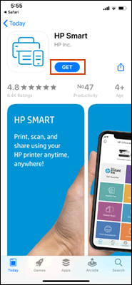 Tocar Obtener para descargar la aplicación HP Smart