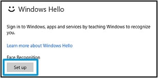Instellen onder Gezichtsherkenning in het Windows Hello-gebied