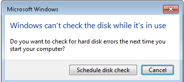 Windows は使用中のディスクをチェックできません