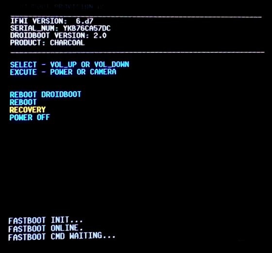 Droidboot-valikko, jossa palautusvaihtoehto on korostettu