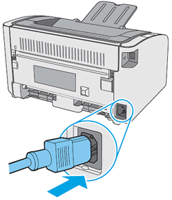 Visão da parte traseira da impressora conectando o cabo de alimentação