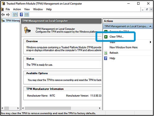 Clicking Clear TPM in the TPM Management window