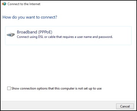Connect to the Internet window