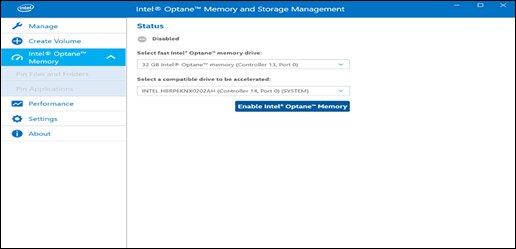 Clicking the Enable Intel Optane Memory button