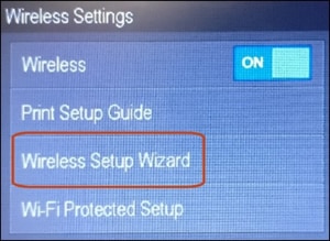 Location of the Wireless Setup Wizard on the printer control panel