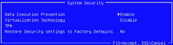 BIOS 设置实用程序中的系统安全菜单