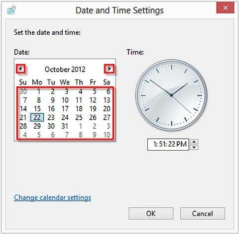 Réglage de la date dans la fenêtre des paramètres de date et d'heure