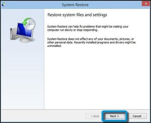 Ventana Restaurar archivos y configuración del sistema con Siguiente seleccionado