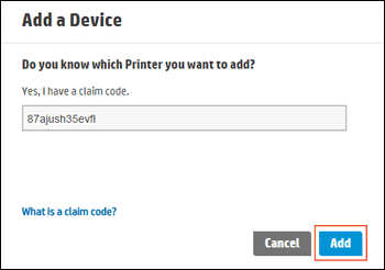Image: Typing the printer claim code and clicking Add.