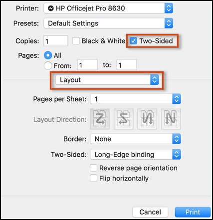Select Two-Sided and Layout in the Print window