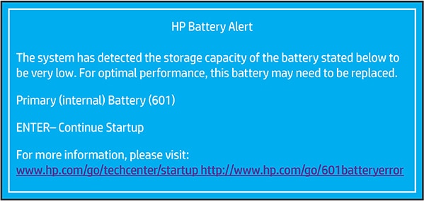 Alerta de error al identificar la batería HP más antigua (601)
