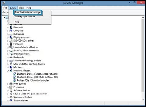 Device Manager with Scan for hardware changes highlighted