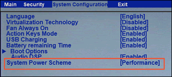 Registerkarte „Systemkonfiguration“ im BIOS mit ausgewählter Option „Systemenergieschema“