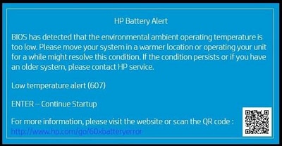 HP Pavilion 13, 14, 15, HP 14, 15, OMEN 16, 17, Spectre x360 14 Laptop PCs  - Battery Low Temperature Alert (607) Occurs | HP® Customer Support